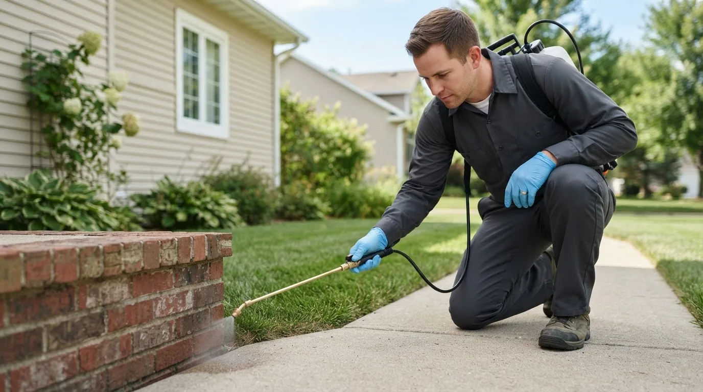 Pest control technician treating a home near Walpole, NH